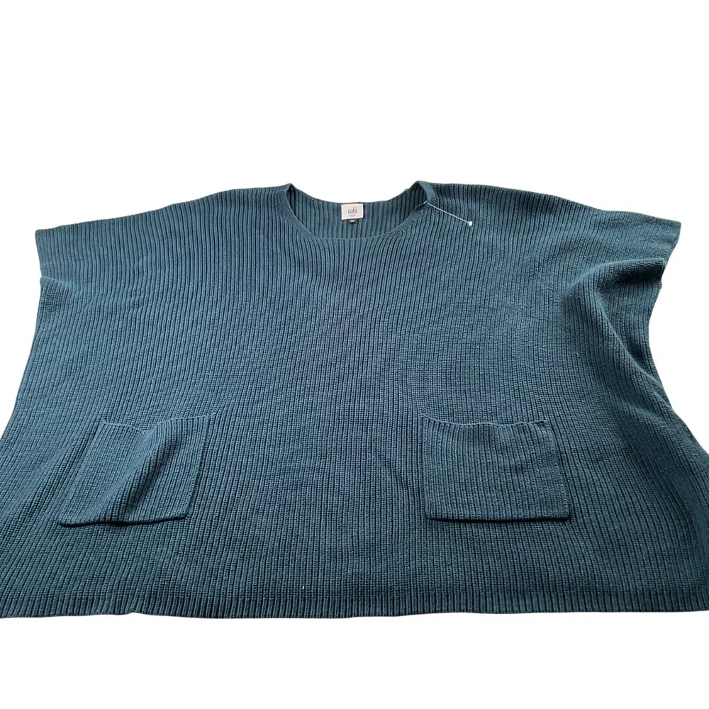 Cabi XS/S Blue Green Knit Poncho Top Sleeveless‎ Pockets Pullover Sweater Casual